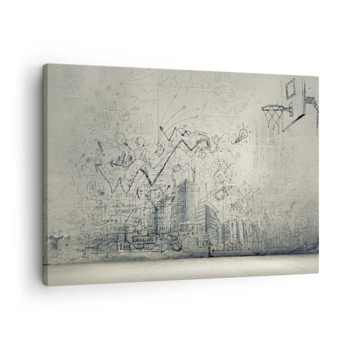 Quadro em tela - Desenhos e diagramas contra o fundo de uma parede crua - 70x50cm - Minha vida maravilhosa na cidade - Decoração de parede moderna para a sala de estar e quarto ARTTOR