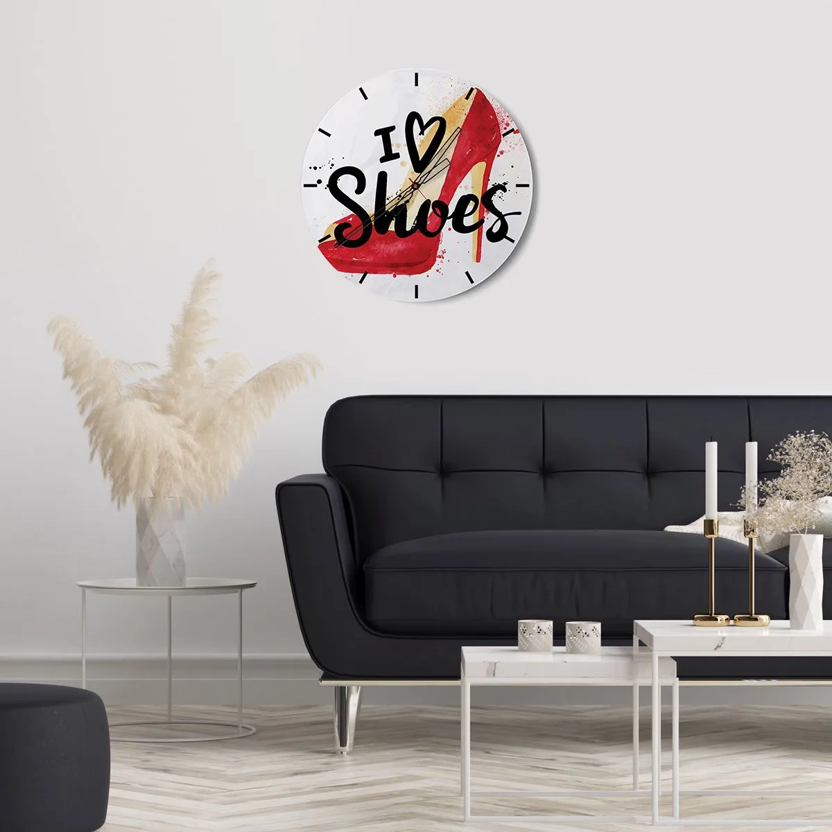 Relógio de parede - Relógio em vidro - Um salto alto vermelho com as palavras "Eu amo sapatos" escritas nele. - 30x30cm - O amor tem muitos nomes - Decoração de parede moderna para a sala de estar, cozinha e quarto ARTTOR
