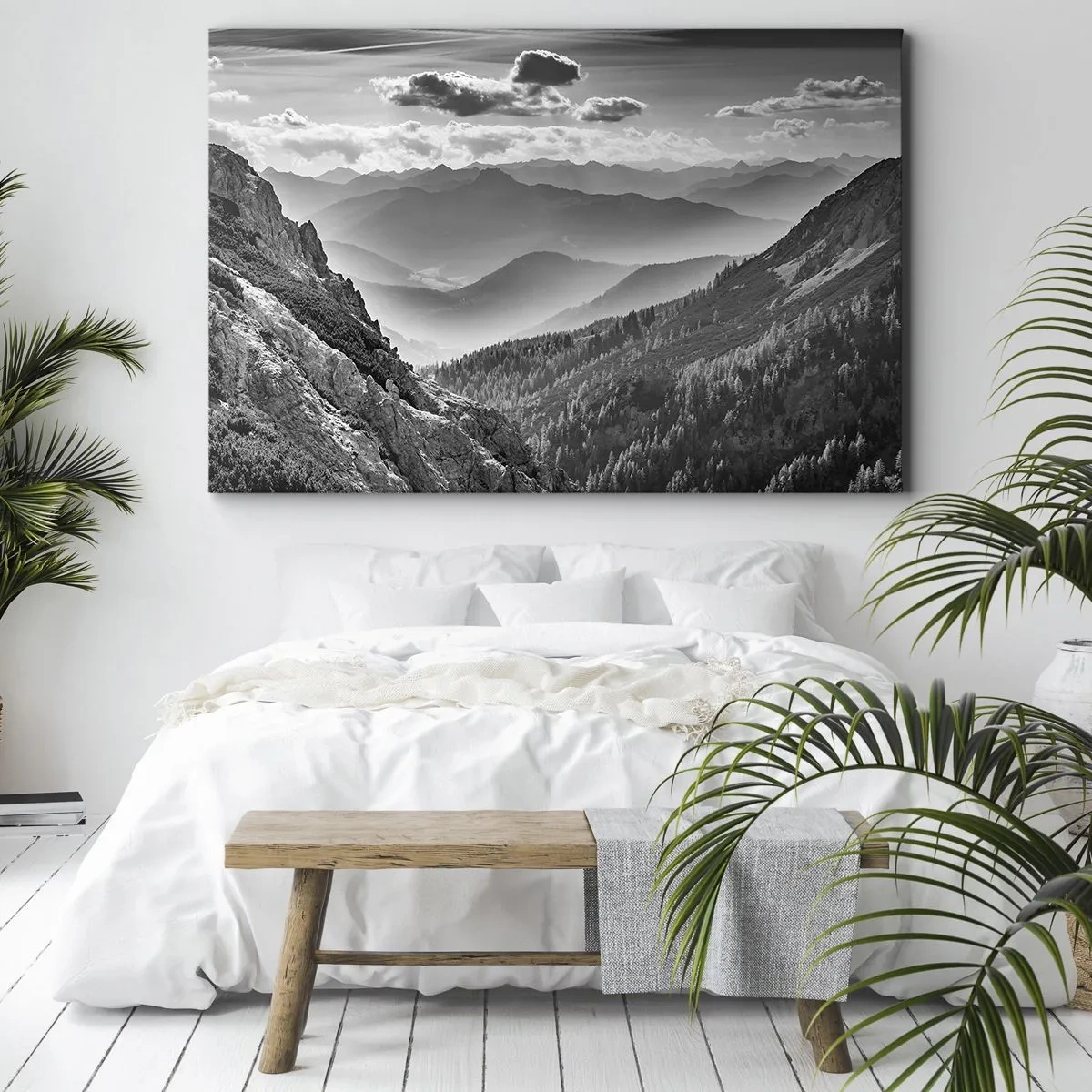 Quadro em tela - Paisagem montanhosa em preto e branco com nuvens sobre os picos - 70x50cm - Até ao horizonte - Decoração de parede moderna para a sala de estar e quarto ARTTOR