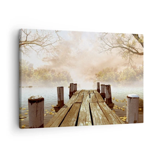 Quadro em tela - Um píer de madeira que leva a um lago calmo na névoa da manhã - 70x50cm - A leve tristeza do outono - Decoração de parede moderna para a sala de estar e quarto ARTTOR