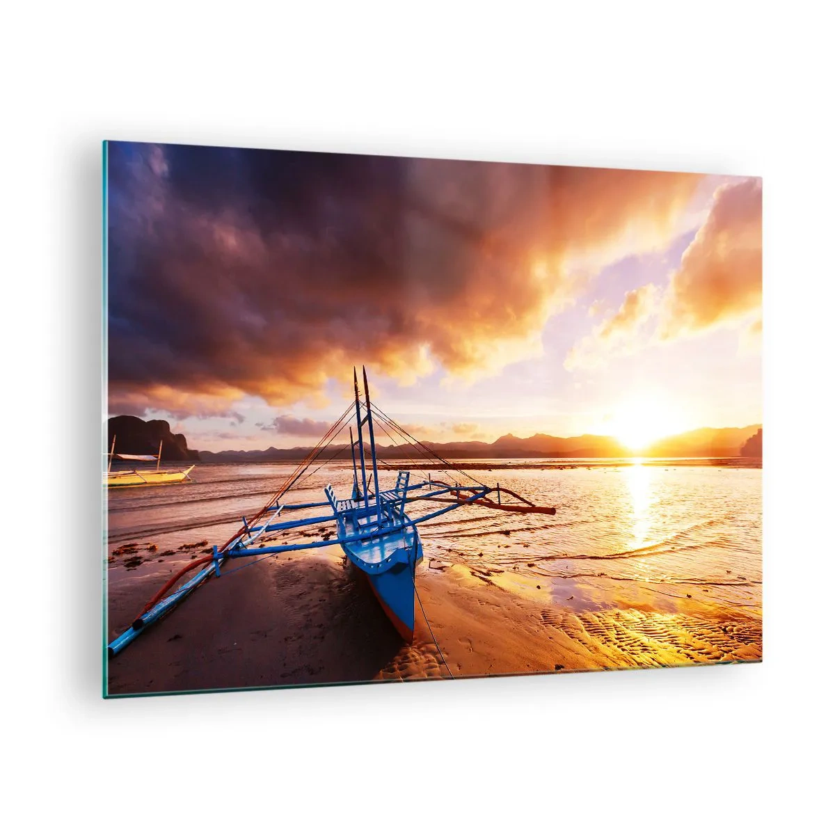 Quadro em vidro - Barco na praia ao pôr do sol com um céu dramático - 70x50cm - Esticar-se na areia após um longo dia - Decoração de parede moderna para a sala de estar e quarto ARTTOR