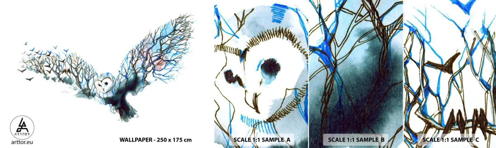 Amostra de Papel de Parede Standard Eco - Nas asas da floresta - Abstração, Coruja, Pássaro - 100x30 cm