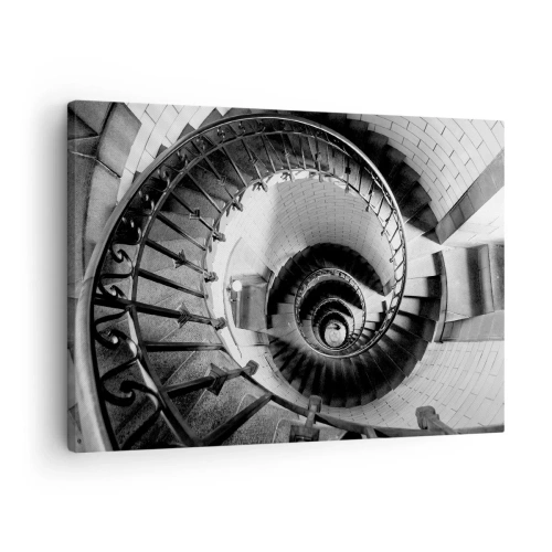 Quadro em tela - Fotografia em preto e branco de uma escada em espiral com perspectiva de cima para baixo - 70x50cm - Cada vez mais alto - Decoração de parede moderna para a sala de estar e quarto ARTTOR