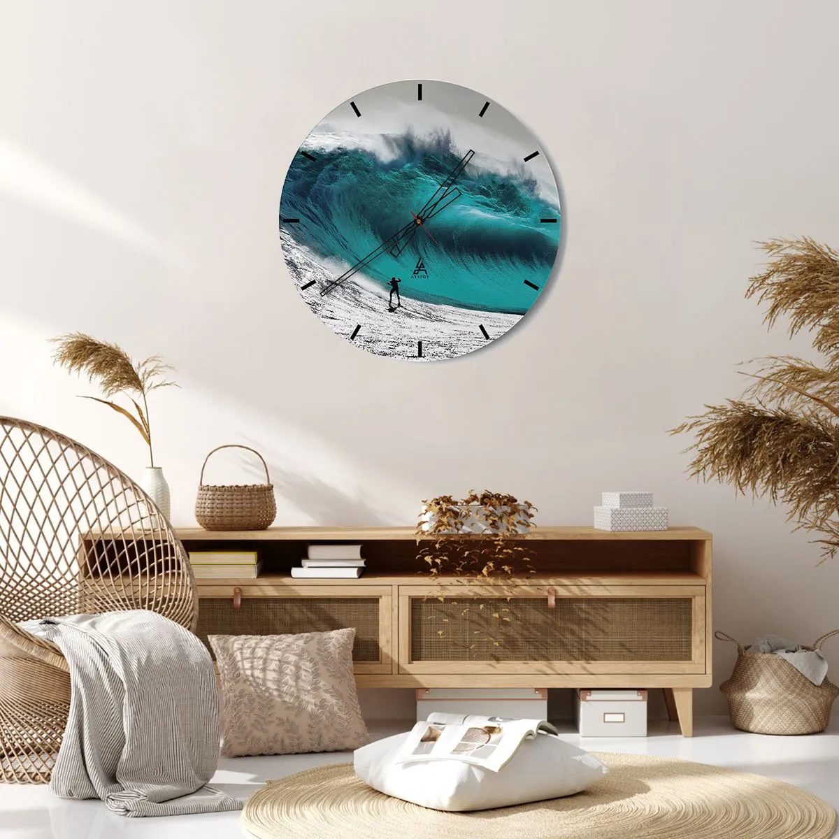 Relógio de parede - Relógio em vidro - Um surfista em frente a uma onda gigante turquesa - 30x30cm - Desafio aceite - Decoração de parede moderna para a sala de estar, cozinha e quarto ARTTOR