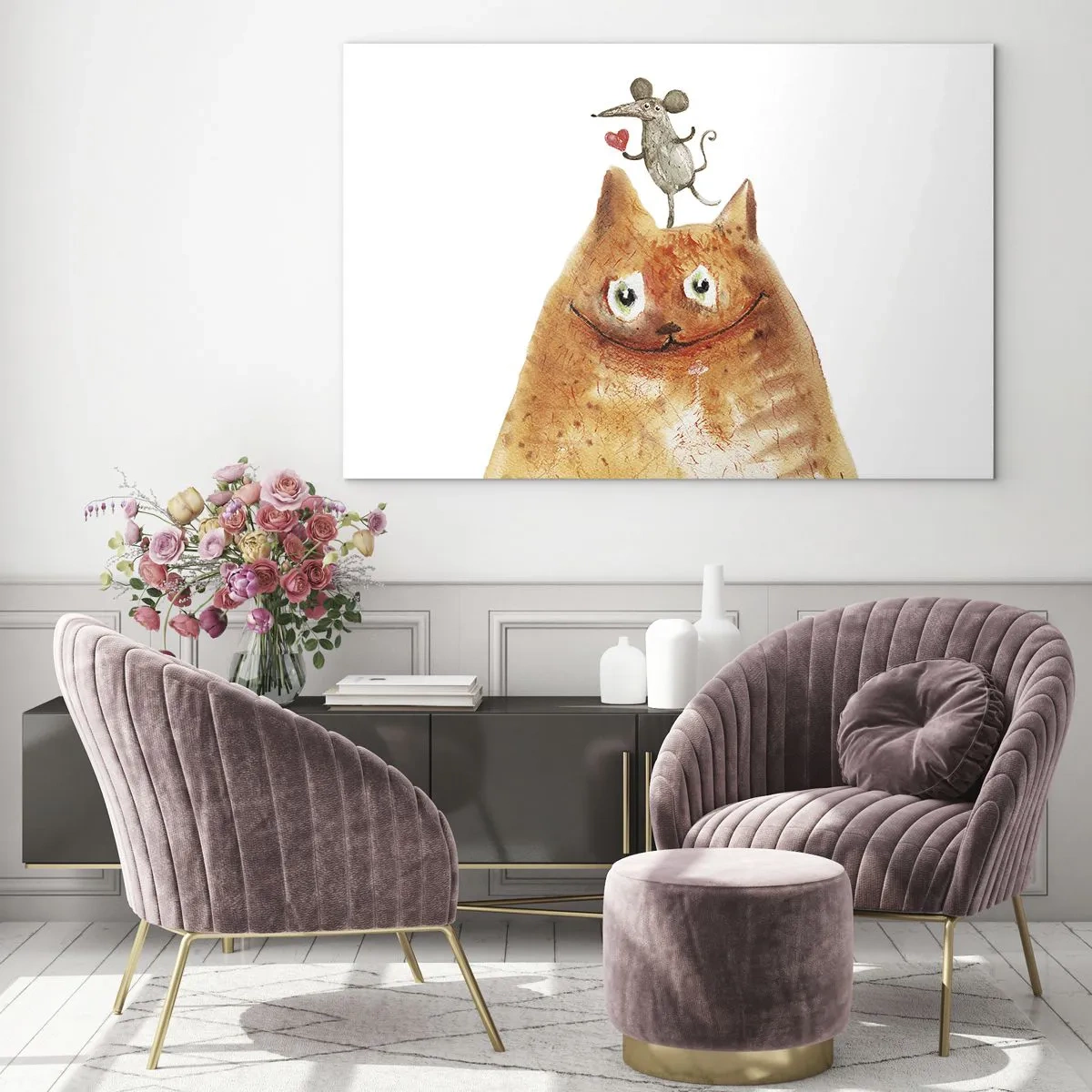 Quadro em vidro - Um gato com um rato na cabeça em um estilo humorístico - 70x50cm - Paradoxos do amor - Decoração de parede moderna para a sala de estar e quarto ARTTOR