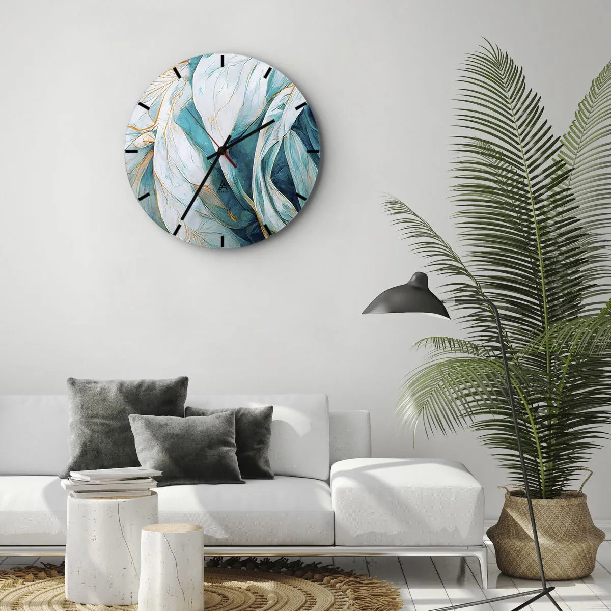 Relógio de parede - Relógio em vidro - Linhas douradas sobre fundo azul e branco com textura suave. - 30x30cm - Abstração azul com lema dourado - Decoração de parede moderna para a sala de estar, cozinha e quarto ARTTOR