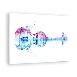Quadro em vidro - Uma paisagem em forma de guitarra em estilo aquarela - 70x50cm - Trago-vos cânticos de chuva - Decoração de parede moderna para a sala de estar e quarto ARTTOR