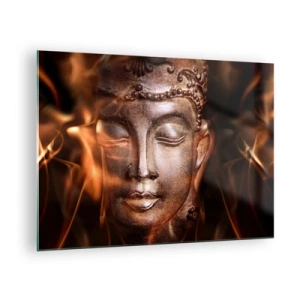 Quadro em vidro - O rosto nebuloso do Buda em tons quentes de dourado e marrom - 70x50cm - Só existe o aqui e agora - Decoração de parede moderna para a sala de estar e quarto ARTTOR