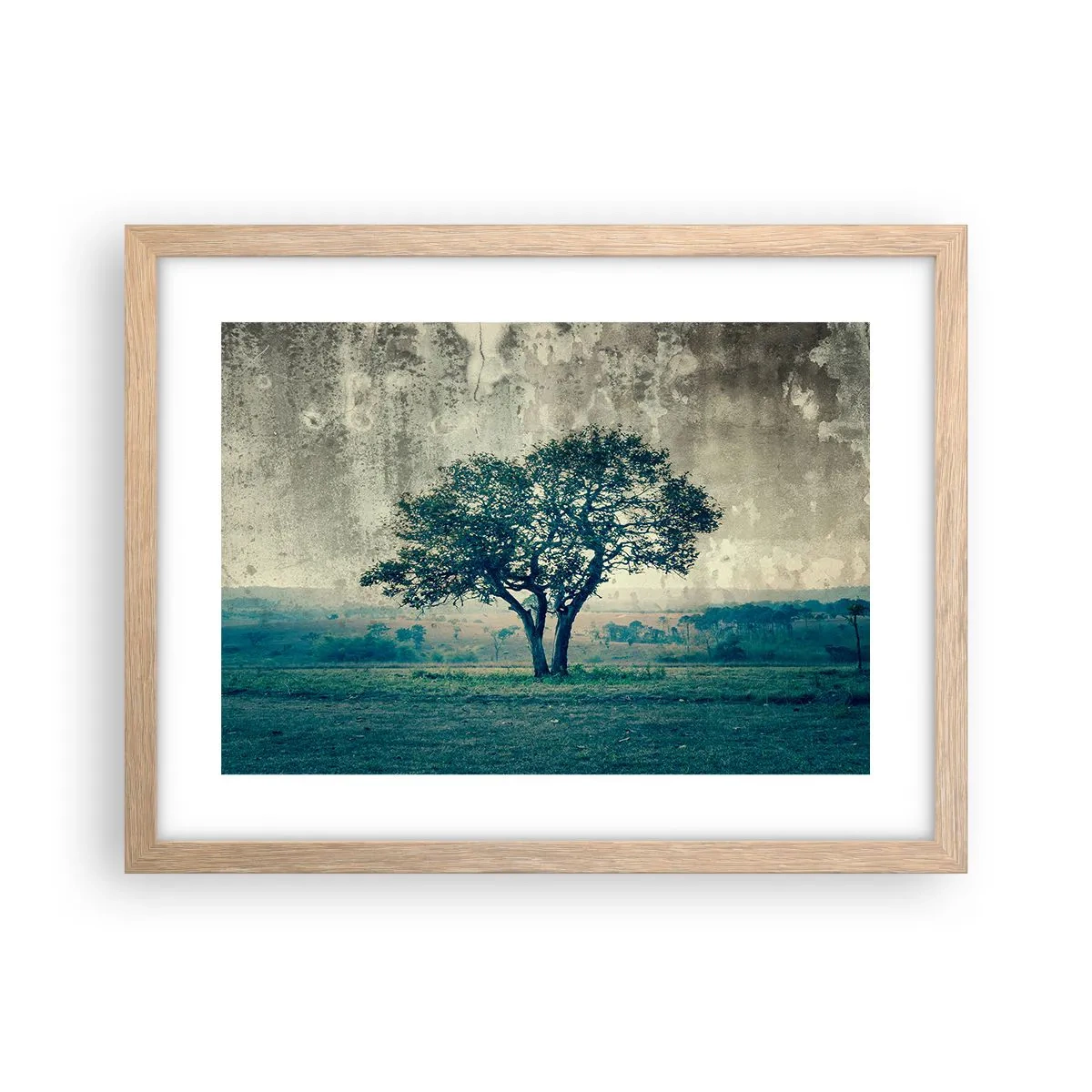 Pôster com moldura de carvalho claro - Uma macieira num prado azul? - 40x30 cm