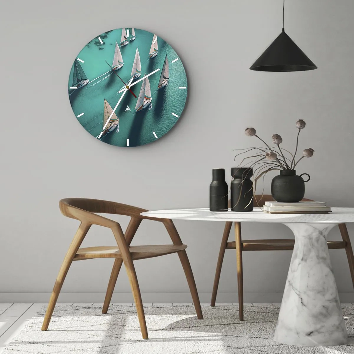 Relógio de parede - Relógio em vidro - Iates à vela em águas azul-turquesa em um arranjo dinâmico - 30x30cm - Numa competição com o vento - Decoração de parede moderna para a sala de estar, cozinha e quarto ARTTOR