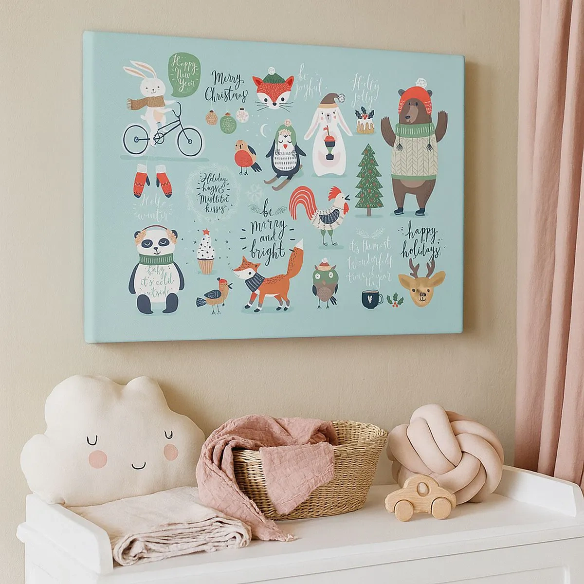 Quadro em tela - Ilustração de Natal de animais em atmosfera de inverno - 70x50cm - Que seja sempre Natal! - Decoração de parede moderna para a sala de estar e quarto ARTTOR