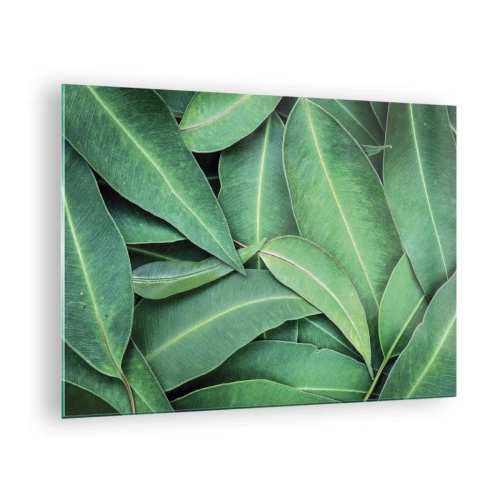 Quadro em vidro - Close-up de folhas verdes dispostas em camadas - 70x50cm - Suculentas e frescas - Decoração de parede moderna para a sala de estar e quarto ARTTOR