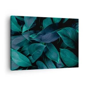 Quadro em tela - Close-up de folhas verdes com fundo escuro - 70x50cm - Verde em si - Decoração de parede moderna para a sala de estar e quarto ARTTOR
