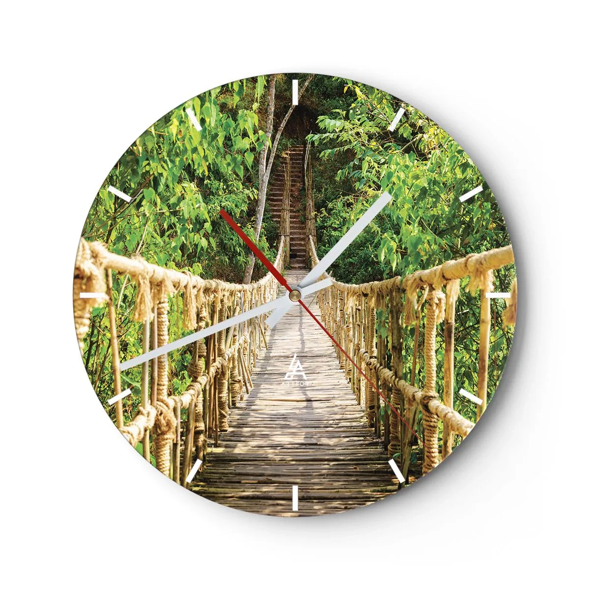 Relógio de parede - Relógio em vidro - Uma ponte de corda de madeira em meio à exuberante selva verde - 30x30cm - Suspenso na vegetação - Decoração de parede moderna para a sala de estar, cozinha e quarto ARTTOR