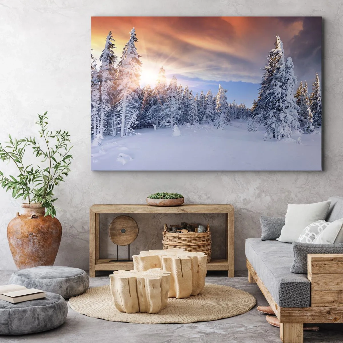 Quadro em tela - Paisagem de inverno com uma floresta coberta de neve ao pôr do sol - 70x50cm - Espetáculo de neve da natureza - Decoração de parede moderna para a sala de estar e quarto ARTTOR