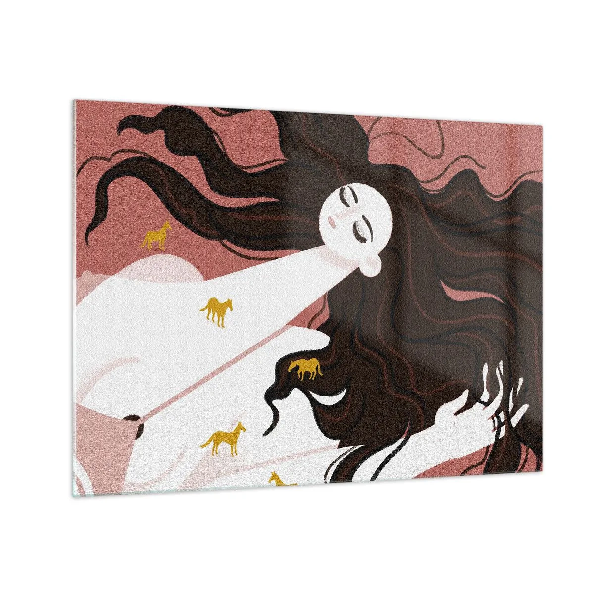 Quadro em vidro - Uma mulher com cabelos longos e cavalos dourados em um fundo rosa. - 70x50cm - Sonho com um cavalo dourado - Decoração de parede moderna para a sala de estar e quarto ARTTOR