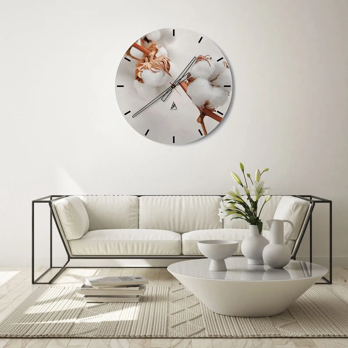 Relógio de parede - Relógio em vidro - Flores de algodão branco e fofo em um fundo claro - 30x30cm - Apenas acaricie - Decoração de parede moderna para a sala de estar, cozinha e quarto ARTTOR