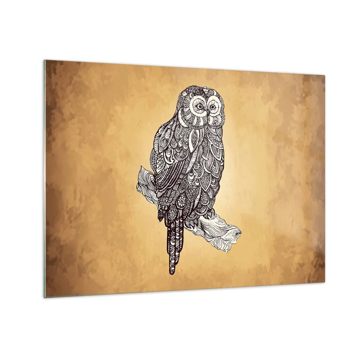 Quadro em vidro - Coruja de estilo ornamental em fundo sépia - 70x50cm - Ornamentos intrincados de sabedoria - Decoração de parede moderna para a sala de estar e quarto ARTTOR
