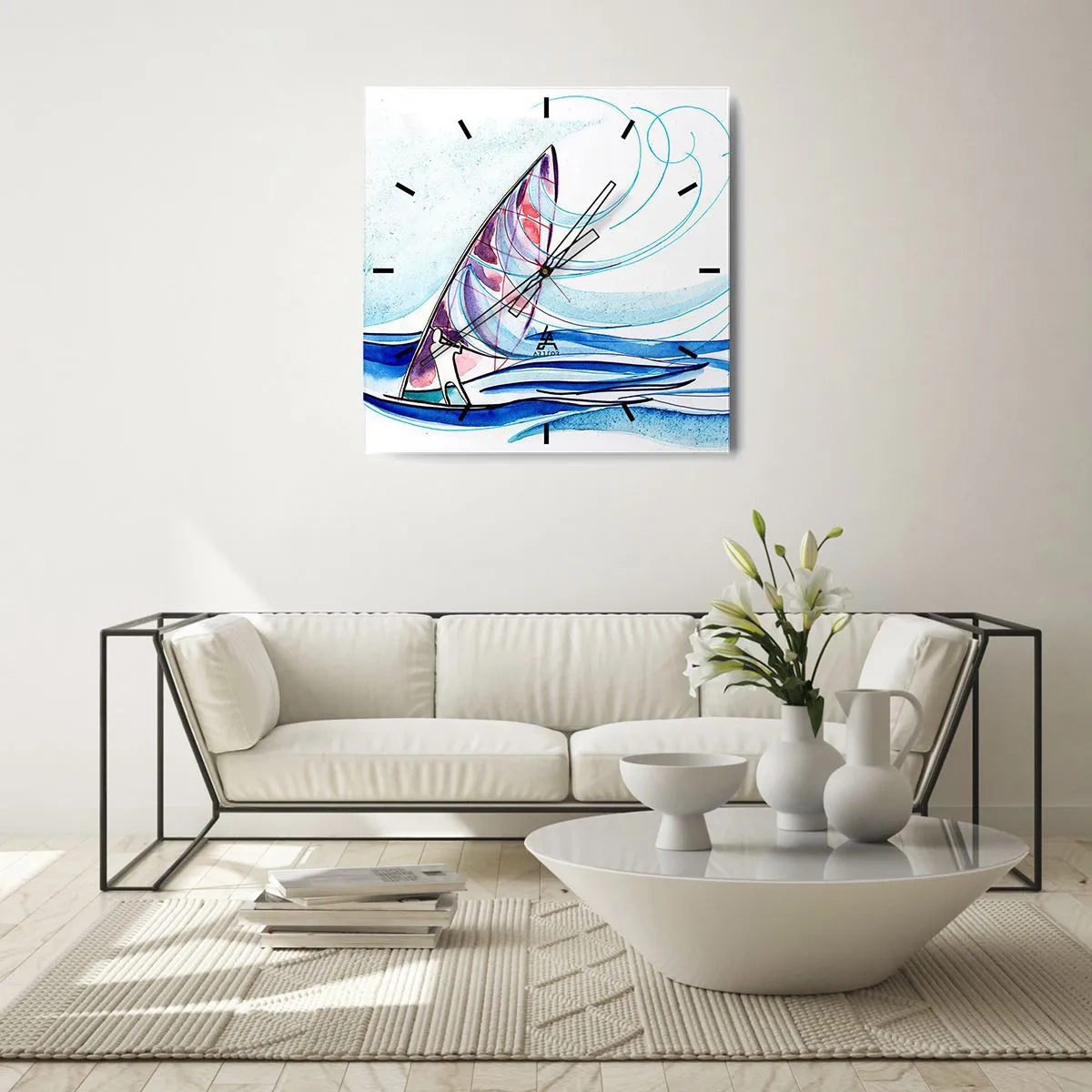 Relógio de parede - Relógio em vidro - Com o vento no ritmo das ondas - 40x40 cm