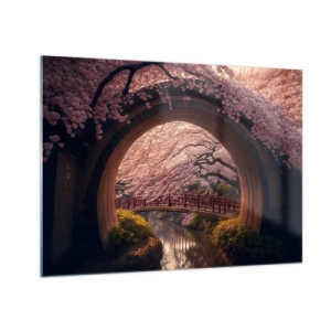 Quadro em vidro - Flores de cerejeira e uma ponte japonesa vistas através do portão redondo - 70x50cm - Primavera japonesa - Decoração de parede moderna para a sala de estar e quarto ARTTOR