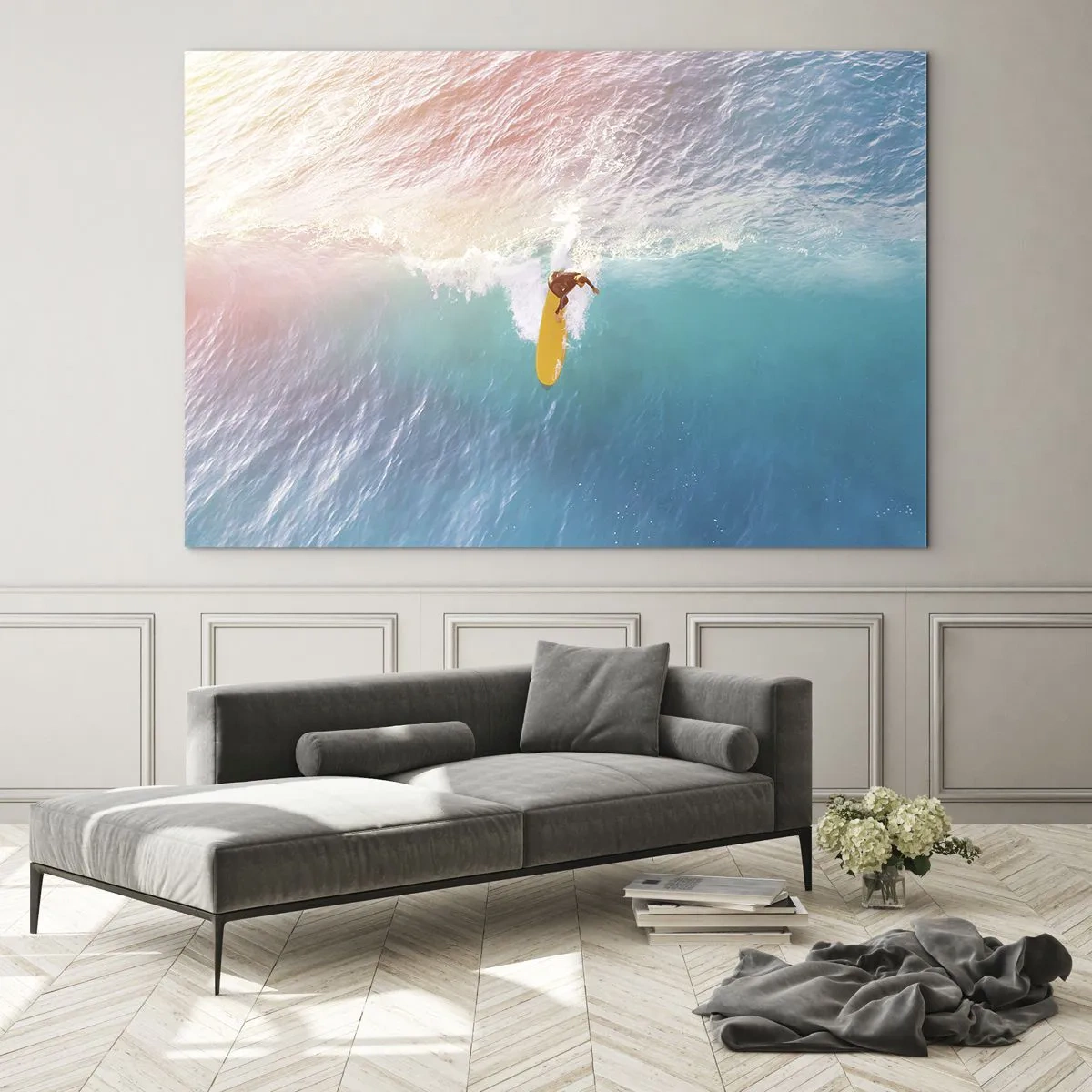Quadro em vidro - Surfista pegando uma onda no oceano turquesa - 70x50cm - Cavaleiro oceânico - Decoração de parede moderna para a sala de estar e quarto ARTTOR