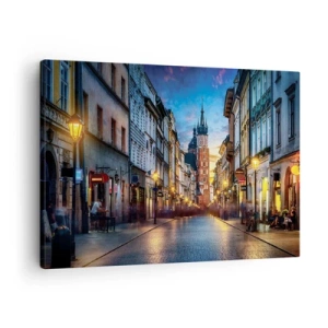 Quadro em tela - Rua noturna com vista para a Catedral de Cracóvia - 70x50cm - O charme de Cracóvia - Decoração de parede moderna para a sala de estar e quarto ARTTOR