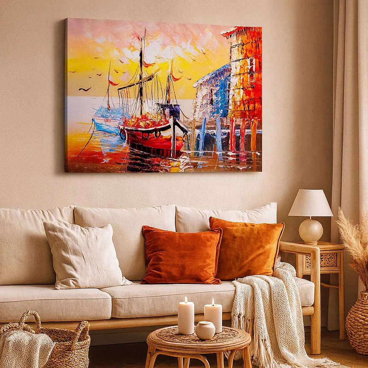 Quadro em tela - Porto pitoresco ao pôr do sol com barcos de pesca - 70x50cm - Feliz retorno - Decoração de parede moderna para a sala de estar e quarto ARTTOR