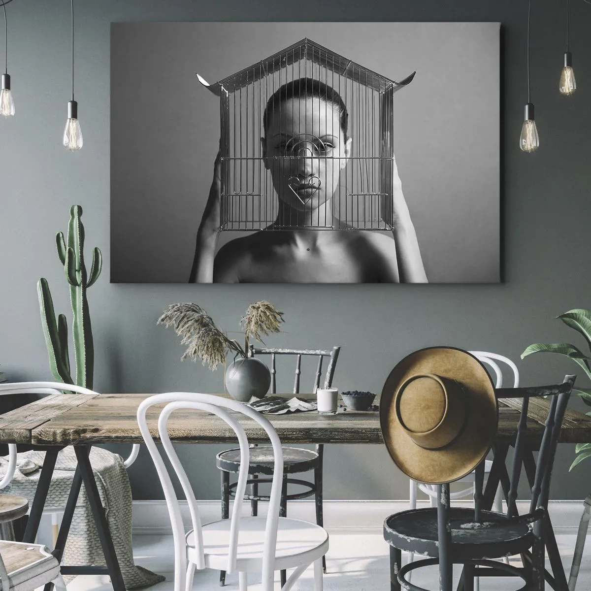 Quadro em tela - Mulher atrás de uma gaiola em estilo surreal - 70x50cm - Retrato um pouco surreal - Decoração de parede moderna para a sala de estar e quarto ARTTOR
