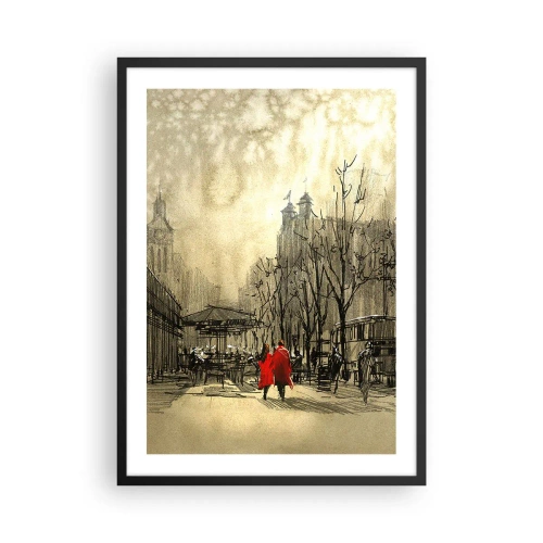 Pôster com moldura preta - Uma figura com um casaco vermelho contra o fundo de uma cidade de inverno - 50x70cm - Um encontro no nevoeiro londrino - Decoração de parede moderna para a sala de estar e quarto ARTTOR