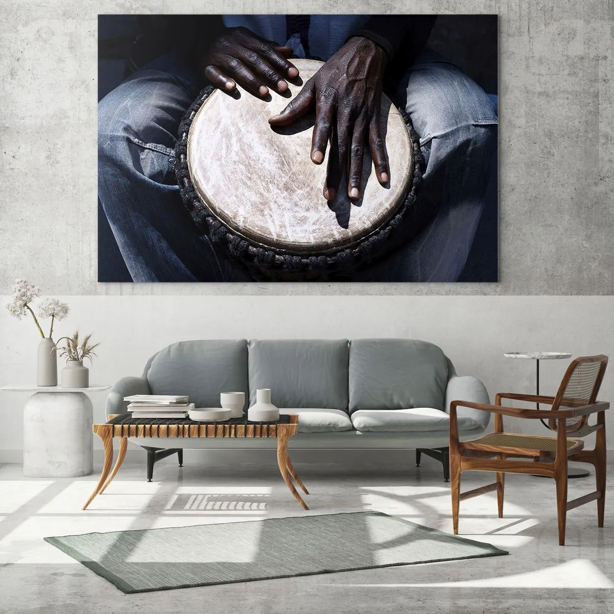 Quadro em vidro - Close-up de mãos tocando um tambor djembê - 70x50cm - Viva no seu próprio ritmo - Decoração de parede moderna para a sala de estar e quarto ARTTOR
