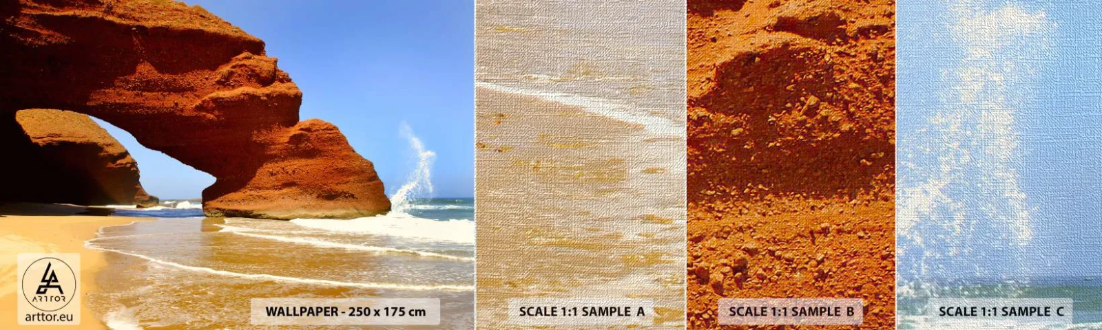 Amostra de papel de parede Premium Canvas - Água e vento por milhares de anos - Paisagem, Marrocos, oceano - 100x30 cm