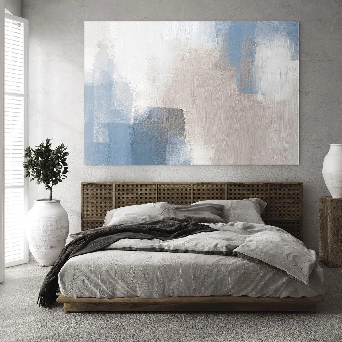 Quadro em vidro - Abstração bege e azul em tons pastéis - 70x50cm - Abstração rosa atrás da cortina azul - Decoração de parede moderna para a sala de estar e quarto ARTTOR