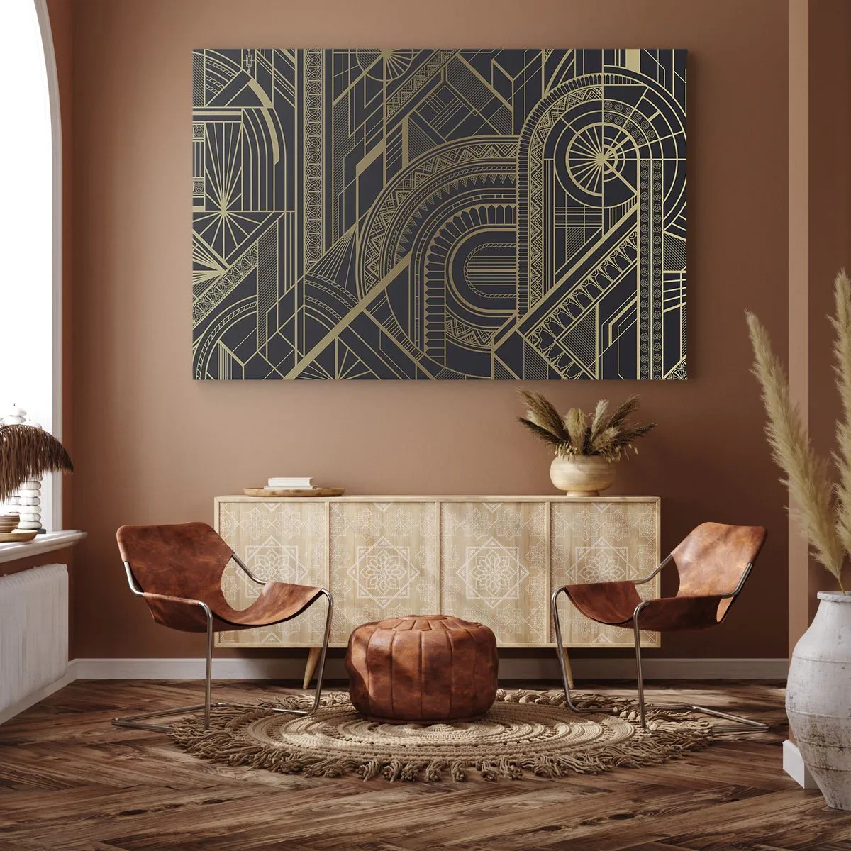 Quadro em tela - Padrões geométricos dourados sobre fundo preto no estilo Art Déco - 70x50cm - Conceitos, ideias, planos - Decoração de parede moderna para a sala de estar e quarto ARTTOR