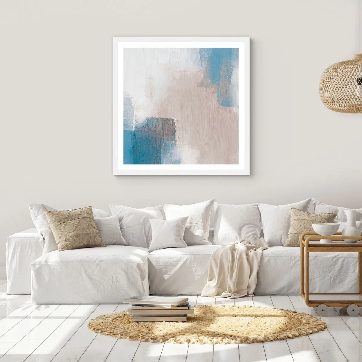 Pôster em moldura branca - Abstração rosa atrás da cortina azul - 40x40 cm