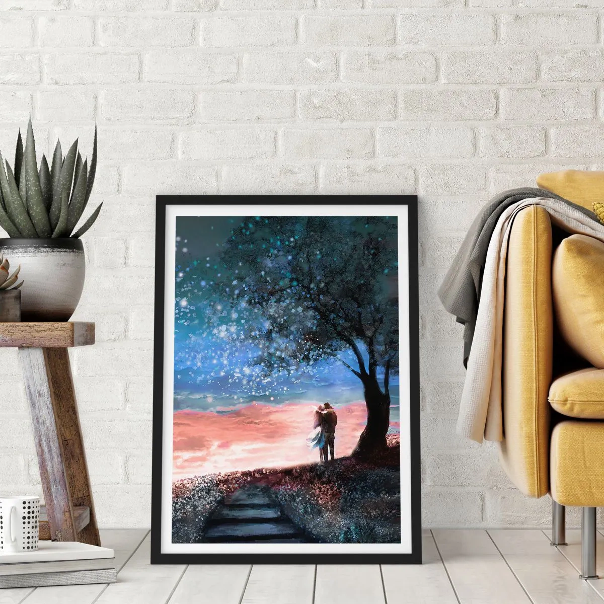 Pôster com moldura preta - Um casal sob uma árvore sob a luz das estrelas e uma paisagem pitoresca - 50x70cm - Espetáculo estrelado - Decoração de parede moderna para a sala de estar e quarto ARTTOR