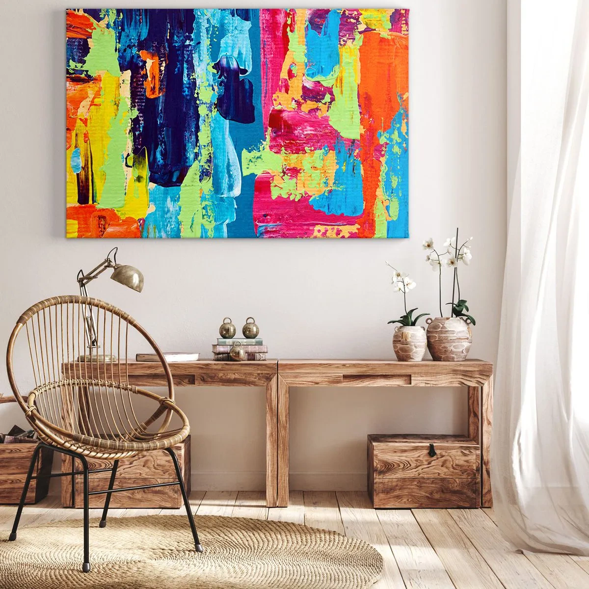 Quadro em tela - Composição abstrata de cores de forma dinâmica - 70x50cm - A vida é bela! - Decoração de parede moderna para a sala de estar e quarto ARTTOR