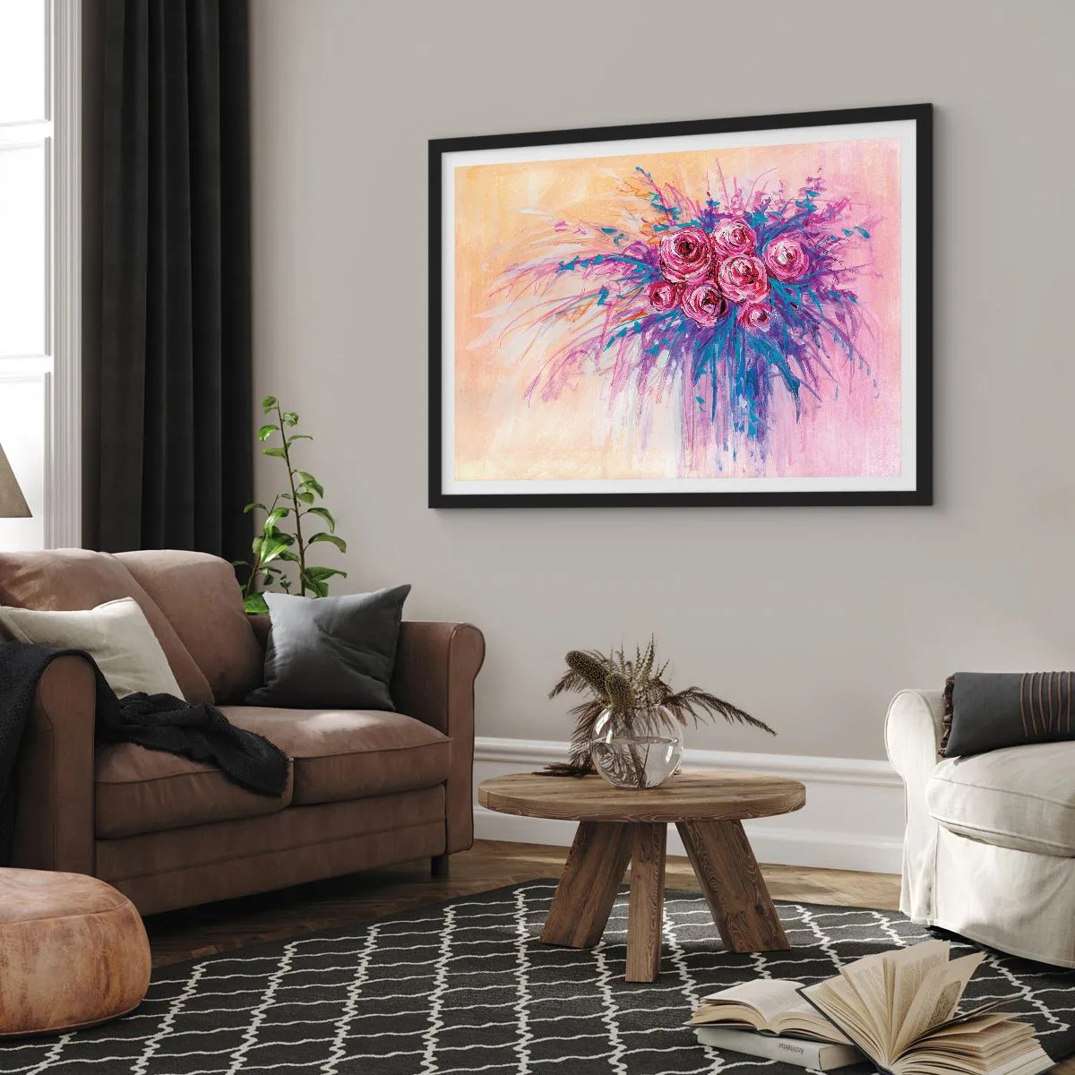 Pôster com moldura preta - Fonte de rosas - 70x50 cm