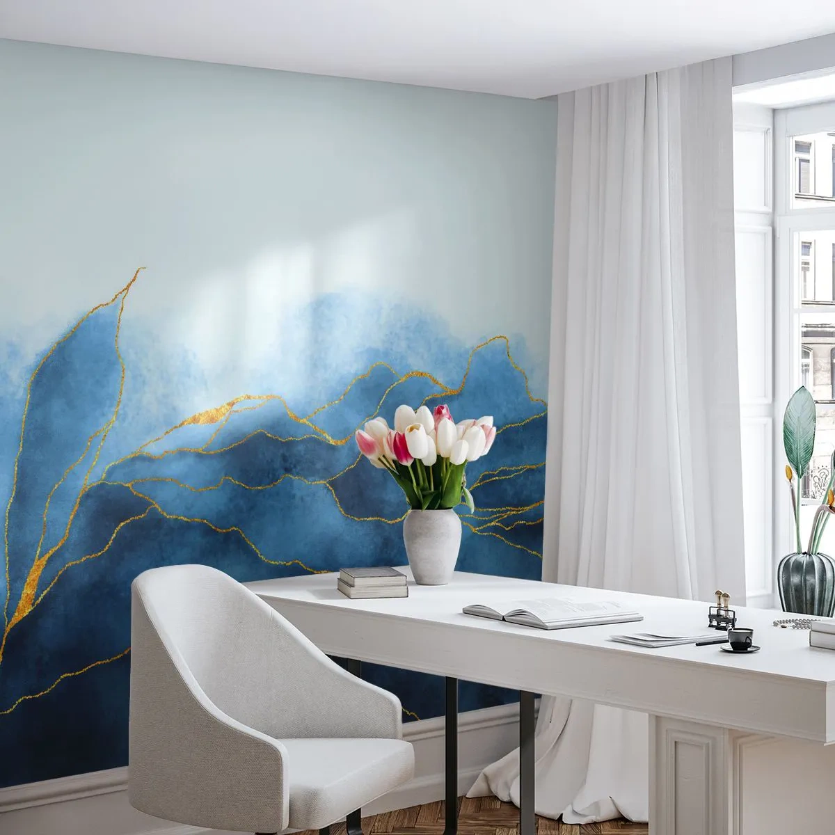 Papel de Parede Standard Eco - Azul dourado - Luxo, Glamour, Abstração - 400x280 cm