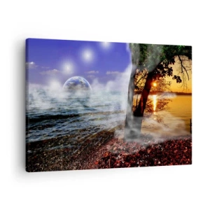 Quadro em tela - Paisagem fantástica com mar, árvores e pôr do sol. - 70x50cm - Paisagem surrealista - a unidade da natureza - Decoração de parede moderna para a sala de estar e quarto ARTTOR