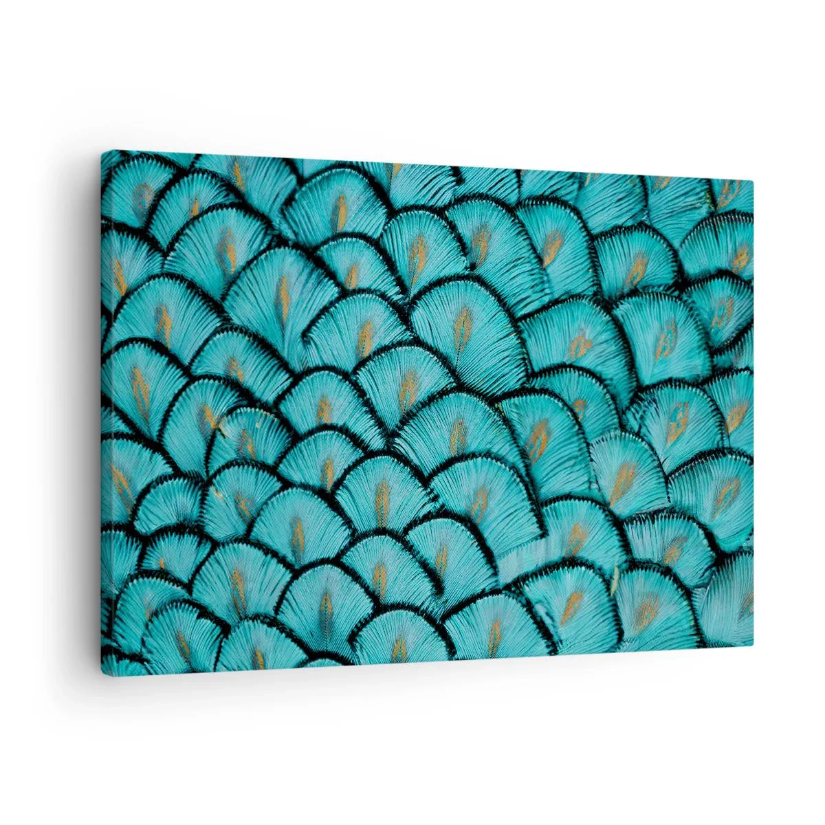 Quadro em tela - Um padrão que lembra escamas turquesa com detalhes dourados - 70x50cm - A grande gala de penas - Decoração de parede moderna para a sala de estar e quarto ARTTOR