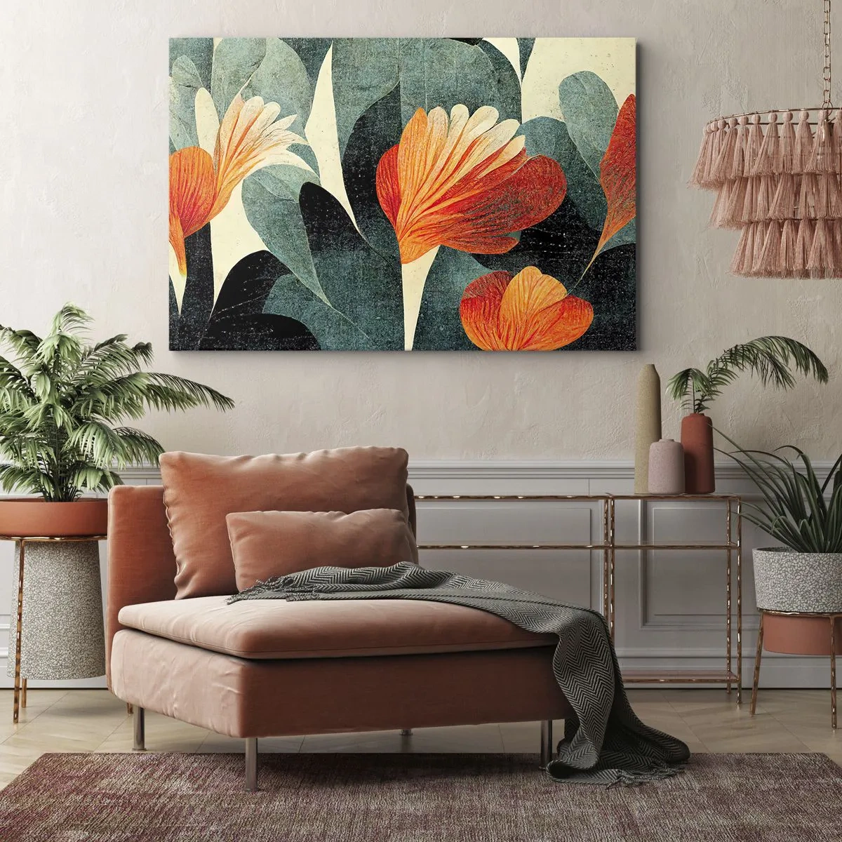 Quadro em tela - Flores em tons intensos de laranja e verde - 70x50cm - O calor dos trópicos e o frescor da vegetação - Decoração de parede moderna para a sala de estar e quarto ARTTOR