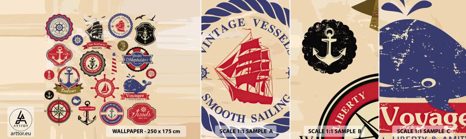 Amostra de Papel de Parede Standard Eco - Irmandade da vela - Náutico, Âncora, Bússola - 100x30 cm