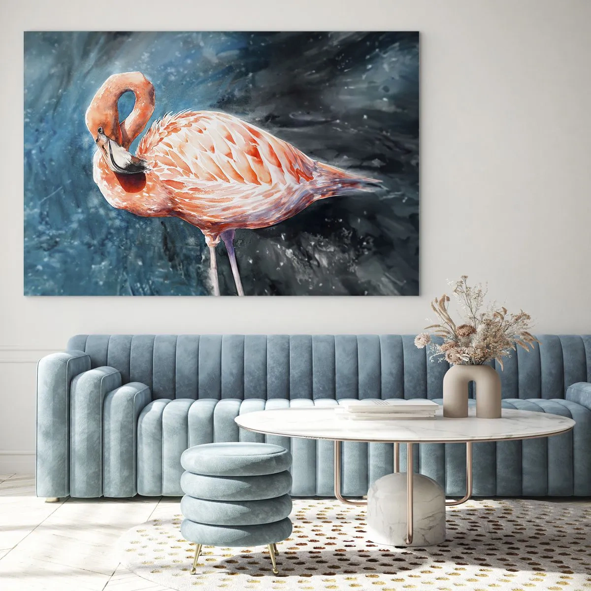 Quadro em vidro - Um flamingo rosa contra um fundo de aquarela azul - 70x50cm - Decorativo por natureza - Decoração de parede moderna para a sala de estar e quarto ARTTOR
