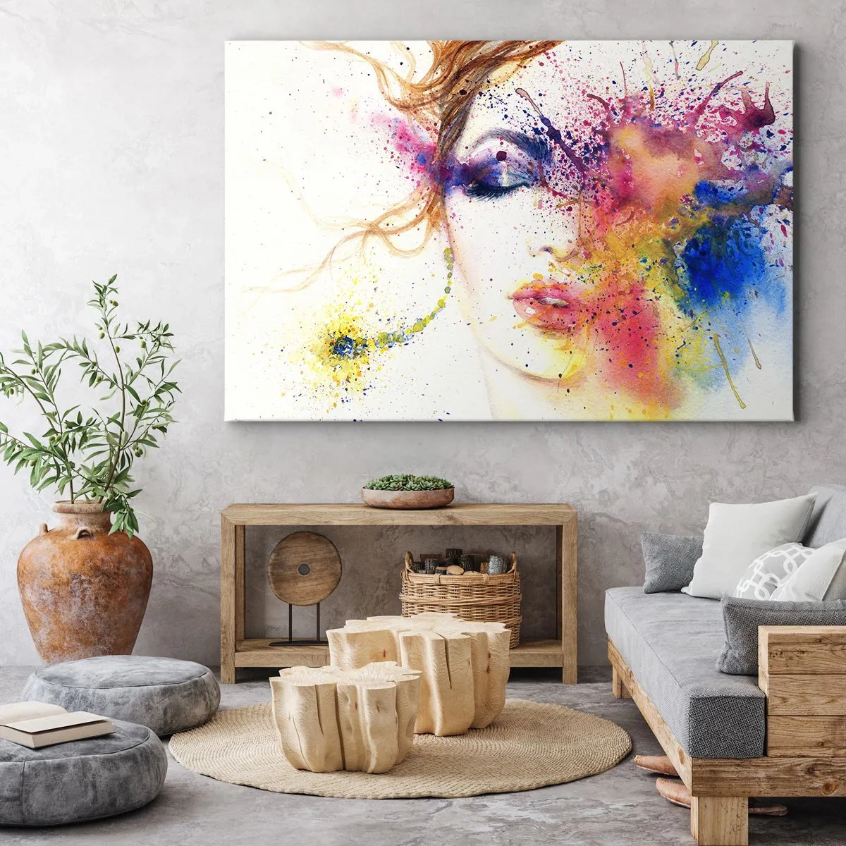 Quadro em tela - Um retrato artístico de uma mulher em cores expressivas de aquarela. - 70x50cm - Vertigem arco-íris - Decoração de parede moderna para a sala de estar e quarto ARTTOR