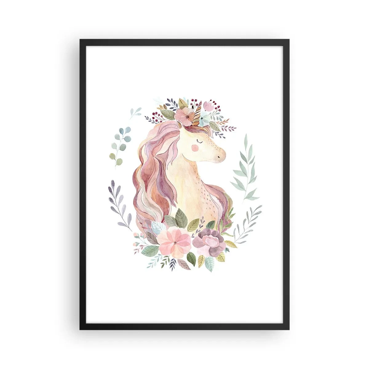 Pôster com moldura preta - Um unicórnio em aquarela cercado por flores em tons pastéis. - 50x70cm - Um convite ao mundo dos contos de fadas - Decoração de parede moderna para a sala de estar e quarto ARTTOR