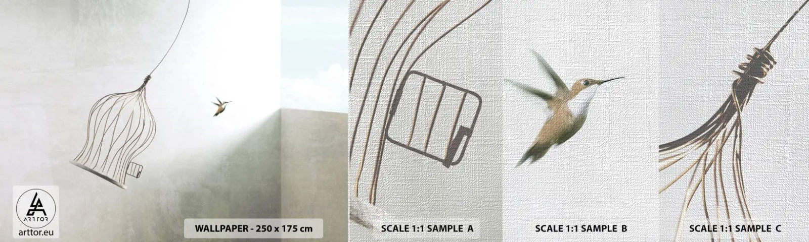 Amostra de papel de parede Premium Canvas - Enfim a liberdade - Abstração, Pássaro, Gaiola - 100x30 cm