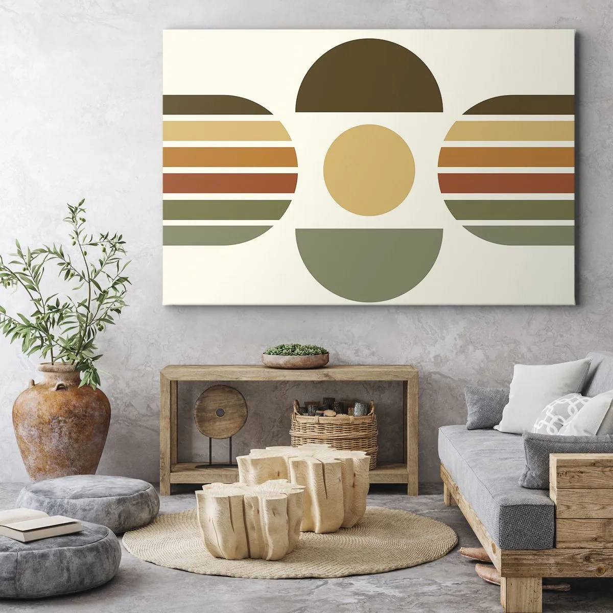 Quadro em tela - Composição geométrica com semicírculos e listras em tons terrosos - 70x50cm - Em tons terrosos - Decoração de parede moderna para a sala de estar e quarto ARTTOR