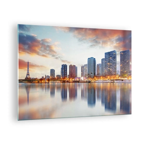 Quadro em vidro - Panorama de Paris com a Torre Eiffel e edifícios modernos ao entardecer - 70x50cm - A tranquilidade monumental de Paris - Decoração de parede moderna para a sala de estar e quarto ARTTOR