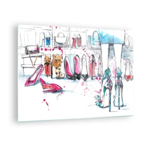 Quadro em vidro - Ilustração de saltos altos elegantes em uma loja - 70x50cm - Abre-te, sésamo - Decoração de parede moderna para a sala de estar e quarto ARTTOR