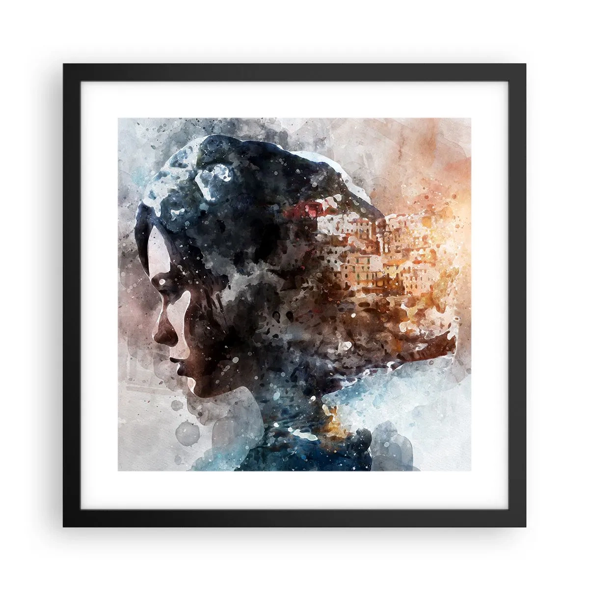 Pôster com moldura preta - Uma história sobre uma menina e uma cidade ao fundo - 40x40 cm